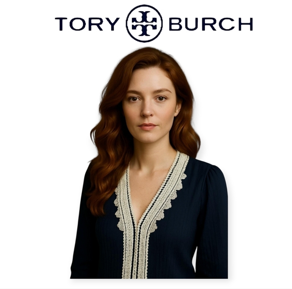 Tory Burch Embroidered Tunic Navy White Cotton Polished Blouse Size 4 Office
